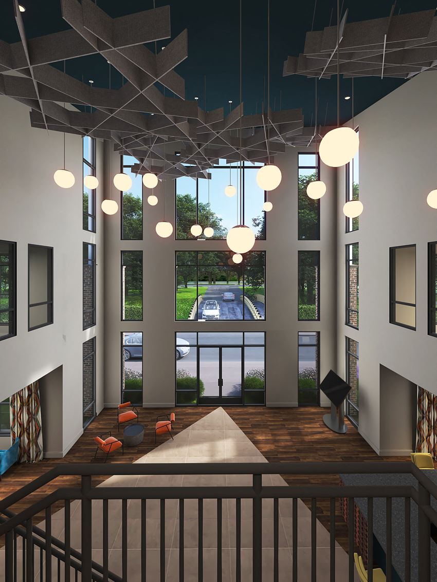 lobby rendering from stairs looking out window - Photo Gallery 1